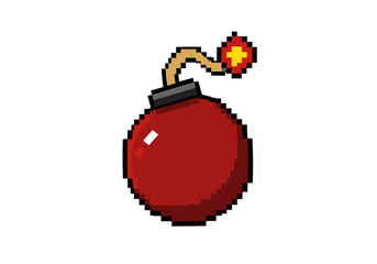 Pixelated Red Bomb with Lit Fuse, Retro Game Style