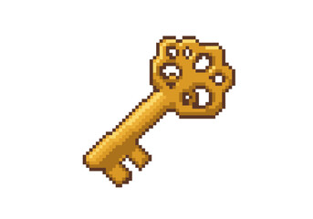 Pixel Art Golden Key with Ornate Head Design