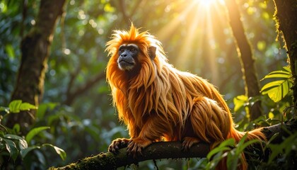 Obraz premium Golden Lion Tamarin basking in sunlight on mossy branch in lush rainforest