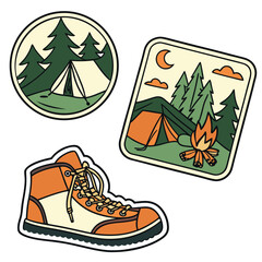 Collection of camping themed stickers featuring a tent campfire and hiking boot © Icon Set
