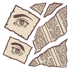 Naklejka premium Vintage illustration of torn newspaper fragments with realistic eyes peeking through