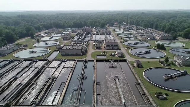Aerial View of Expansive Sewage Treatment Plant Featuring Circular Tanks and Sedimentation Basins Amidst Greenery Under Hazy Sky Modern Wastewater Management Infrastructure Emphasizing Environmental