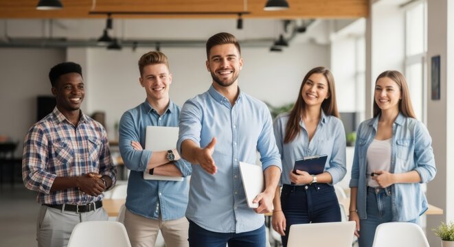 Group of friends in kitchen, smiling