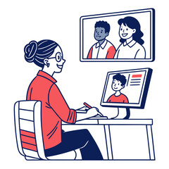 Teacher conducting online lesson with students via video conference on computer and large screen