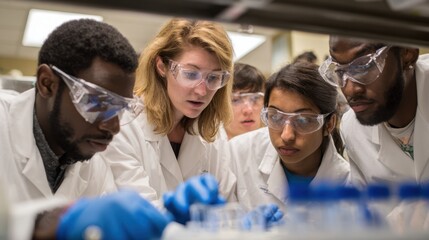 Postdoc wearing safety goggles guides a group of young researchers through molecular biology tests emphasizing safety protocols and accuracy in a university research setting.