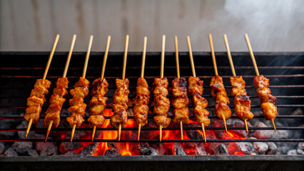 Indonesian Satay Skewers Grilling on Charcoal Grill
