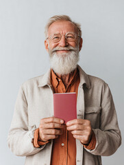 Cheerful elderly man with white beard smiling and holding a passport against a light gray background