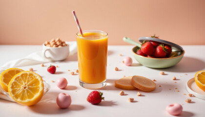 Fresh and vibrant orange juice in glass, surrounded by fresh strawberries, lemon slices, and sweet treats. scene evokes cheerful and refreshing atmosphere, perfect for sunny day