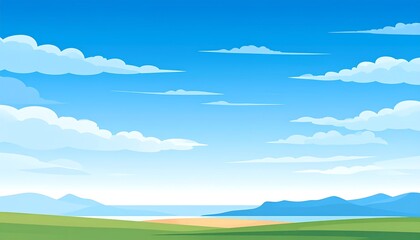Obraz premium Cartoon landscape of green hills meeting blue sky with fluffy white clouds