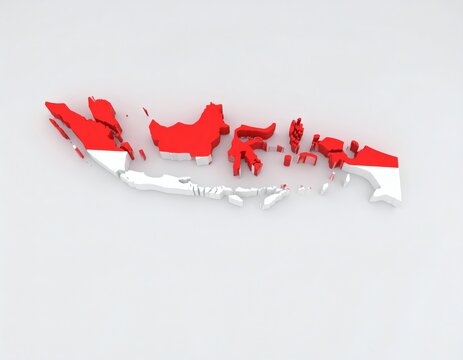 3D rendering of the Indonesian map, colored with the national flag, on a white background.