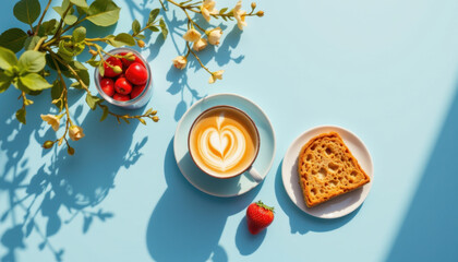 Delicious cup of coffee with heart shaped latte art sits beside slice of cake light blue table. Fresh strawberries and small vase of flowers add vibrant touch to scene, creating warm and inviting