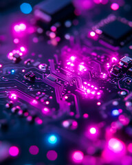 Fototapeta premium Close-up of a circuit board with pink and blue LED lights.