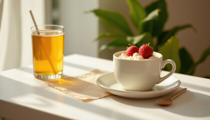 Cozy breakfast scene featuring cup of creamy dessert topped with fresh strawberries, accompanied by glass of iced tea. warm sunlight enhances inviting atmosphere, perfect for relaxing morning