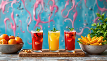 Refreshing drinks in vibrant colors are displayed on wooden board, surrounded by fresh fruits like oranges and mangoes. background features colorful abstract design, enhancing lively atmosphere