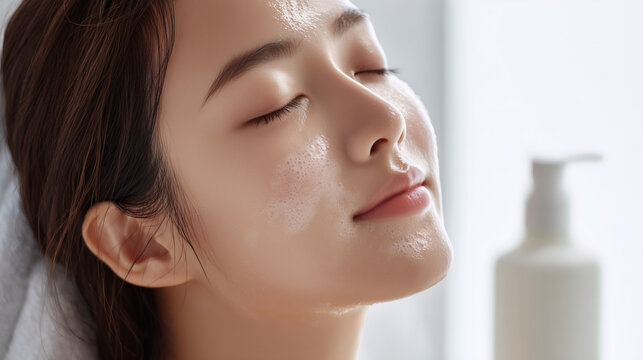 A close-up of a young East Asian woman with her eyes closed peacefully, her face covered in soft, gentle cleansing foam. A simple, blank cleanser bottle is visible in the soft-focus background.