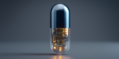 Futuristic capsule with metallic top and transparent bottom reveals intricate electronic circuits glowing warmly inside, set against minimalistic dark background
