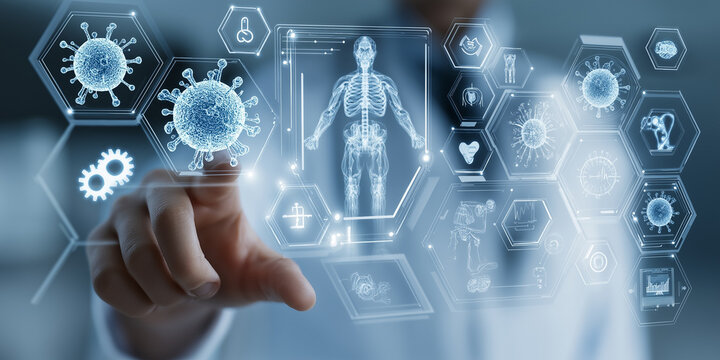 Doctor interacts with futuristic AI interface displaying medical data, including virus models and human anatomy, symbolizing advanced healthcare technology