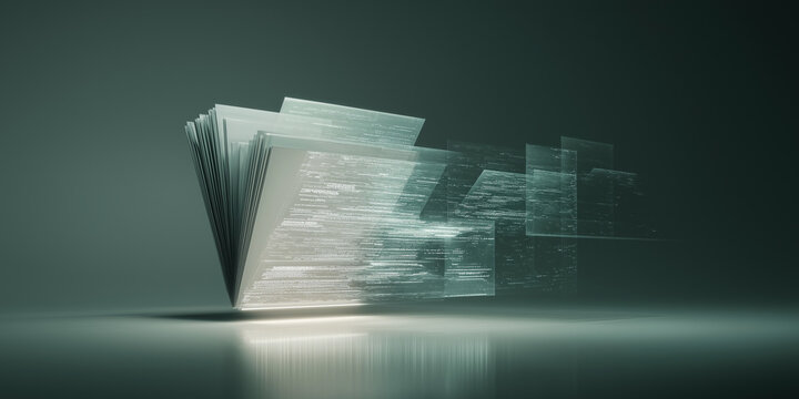 Digital folder with floating translucent documents and code lines, set against dark background, creates futuristic and dynamic atmosphere