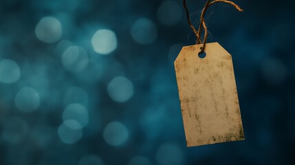 Vintage paper tag floating in blue space with abstract texture, minimalist design concept.