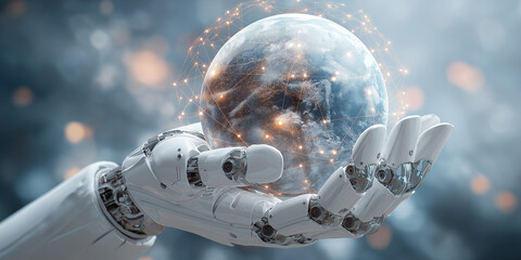 Robotic hand gently holds digital globe, symbolizing technology global impact and innovation. futuristic scene is enhanced by network of glowing connections