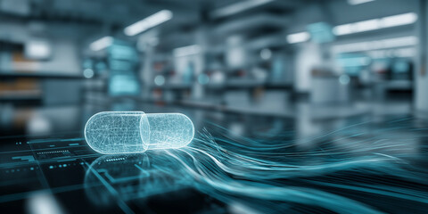 Digital representation of capsule in futuristic laboratory setting, symbolizing advanced pharmaceutical technology and innovation. glowing lines suggest data flow and connectivity