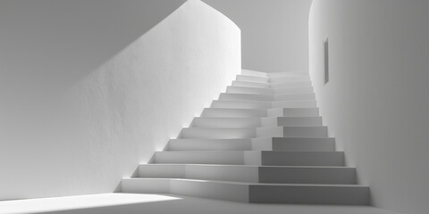 Minimalist white staircase with soft, repeating geometric patterns creates serene and abstract architectural scene. smooth curves and clean lines evoke sense of calm and simplicity
