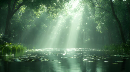Fototapeta premium Sunbeams illuminating a tranquil forest stream.