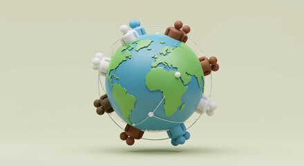3D rendered illustration of a globe surrounded by diverse hand gestures, promoting unity.