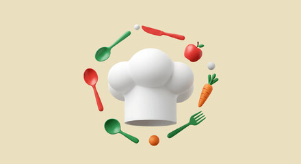 Chef's hat surrounded by colorful 3D rendered kitchen utensils and food items like apple and carrot on a beige background.