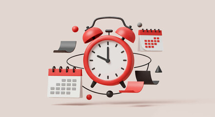 A 3D rendering shows a red alarm clock surrounded by calendars, laptops, and abstract shapes, all floating against a light beige background, symbolizing time...