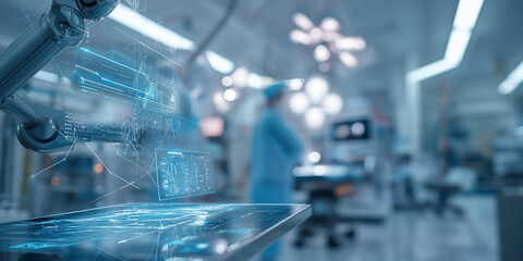 Futuristic medical laboratory with advanced robotic technology and holographic displays creates innovative atmosphere. scene includes medical professional scrubs, emphasizing high tech healthcare