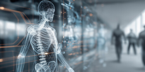 Digital representation of human skeleton is displayed on transparent screen in futuristic setting, with blurred figures in background, suggesting high tech environment