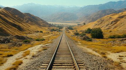 Fototapeta premium Train tracks receding into a desert valley.