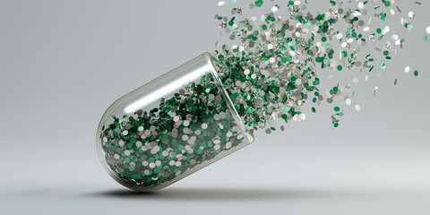 Transparent capsule bursts open, releasing cascade of green and silver confetti against neutral background, symbolizing celebration and creativity
