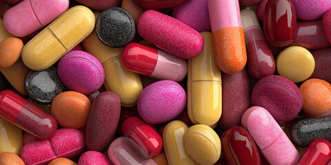 Colorful assortment of various vitamin pills and capsules, showcasing different shapes and vibrant hues, creating visually striking and dynamic composition