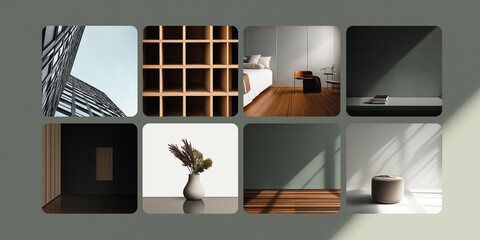 Modern architectural and interior design collage featuring minimalist elements, natural light, and clean lines. images showcase mix of textures, including wood and concrete, with focus simplicity
