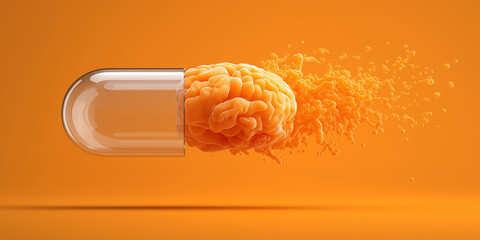 Transparent capsule with orange brain inside symbolizes concept of enhancing intelligence through supplements, set against vibrant orange background