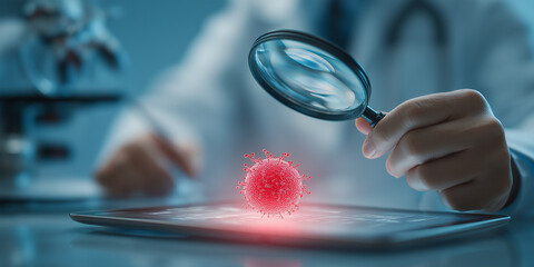Doctor examines digital representation of virus with magnifying glass, highlighting focus on medical research and technology. scene conveys sense of innovation and scientific inquiry