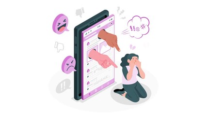 A distressed girl is the victim of cyberbullying and online hate animation 4k