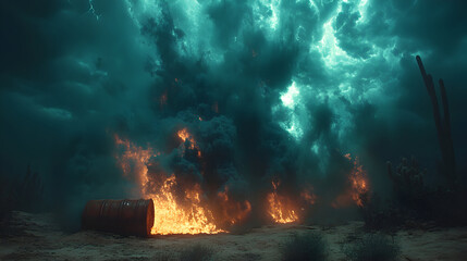 Fototapeta premium Burning barrels in a dark, smoky environment.