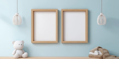 Two wooden picture frames with blank white spaces hang on light blue wall, flanked by modern pendant lights. plush teddy bear and folded towels rest on wooden shelf, creating cozy atmosphere
