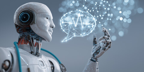 Humanoid robot with stethoscope interacts with digital interface, symbolizing AI role in healthcare innovation. futuristic setting highlights technology impact on medical advancements