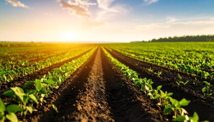 Agricultural landscape featuring rows of crops under a vibrant, sunny sky at sunset