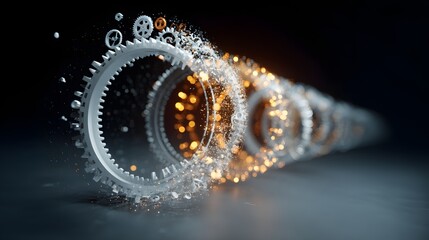 A mechanical gear dissolving into a stream of glowing particles, symbolizing the evolution of technology and digital transformation.


