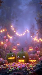 A group of zombies carving pumpkins in a foggy garden