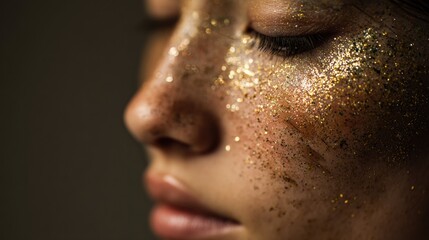Glistening Gold Dust Accentuates Cheek and Temple Against a Dark Backdrop, Creating an Alluring and Radiant Aesthetic in This Close-Up View