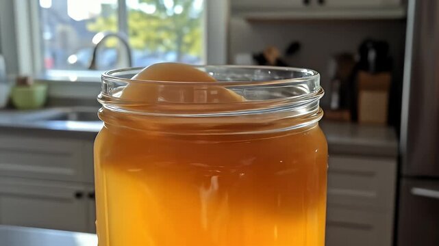 Animated Kombucha in Glass Jar Looping Smooth Motion Amber Liquid Perfect for Illustrating Healthy Eating Fermentation or Natural Processes with Warm Lighting and Gentle Bubbles in Kitchen Setting