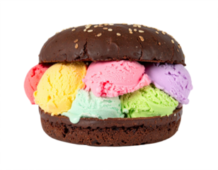 Indulgent ice cream burger creation bursting with vibrant fruity flavors and sweet chocolate goodness