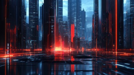 Obraz premium Futuristic city street with glowing red lines, urban background, digital art