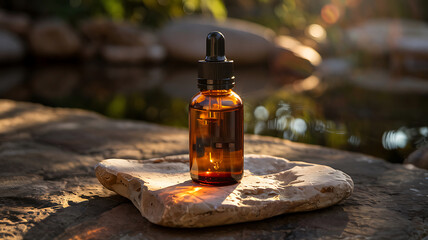 Essential Oil Bottle on Stone Surface near Water Body Reflecting Sunlight Calm Natural Beauty and Wellness Still Life